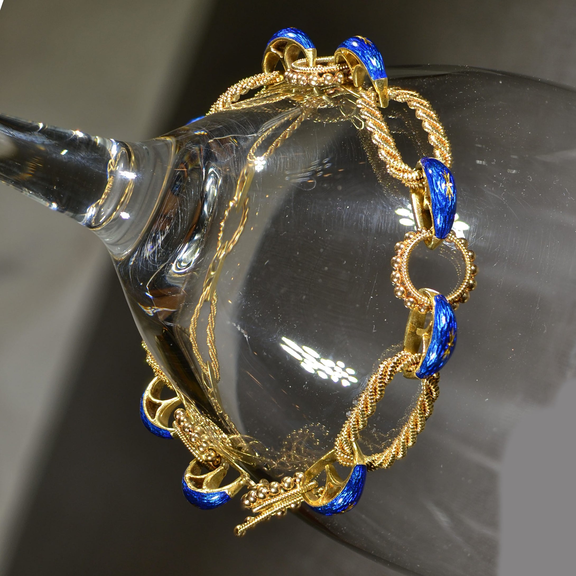 Vintage Estate Bracelet.  18 carat yellow gold and blue enamel. 7.5