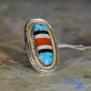 Vintage silver coral onyx and turquoise ring. Size 7