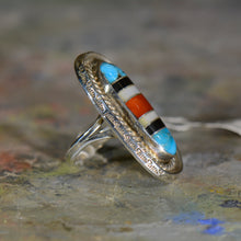 Load image into Gallery viewer, Vintage silver coral onyx and turquoise ring. Size 7
