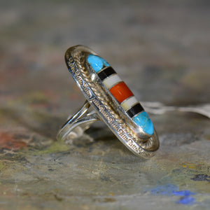 Vintage silver coral onyx and turquoise ring. Size 7