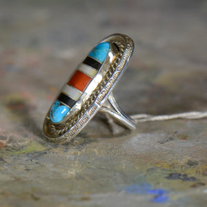 Vintage silver coral onyx and turquoise ring. Size 7