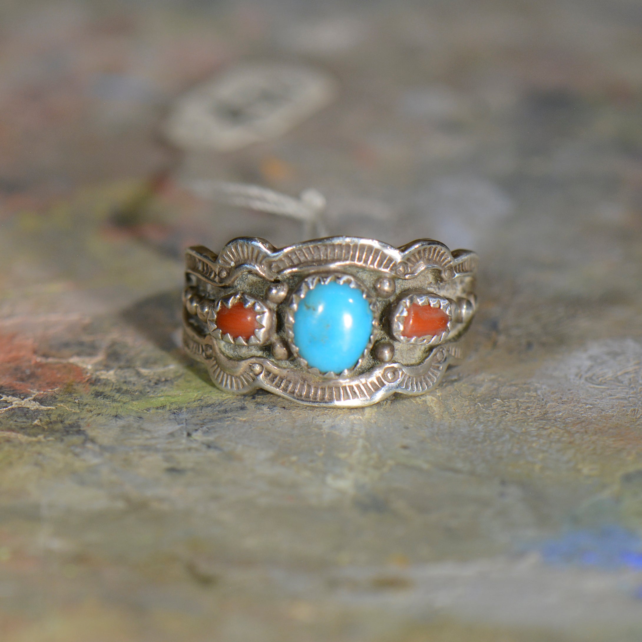 Vintage silver coral and turquoise ring. Size 12
