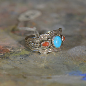 Vintage silver coral and turquoise ring. Size 12