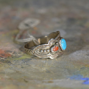 Vintage silver coral and turquoise ring. Size 12