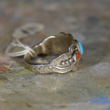 Load image into Gallery viewer, Vintage silver coral and turquoise ring. Size 12
