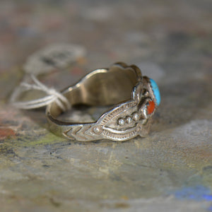 Vintage silver coral and turquoise ring. Size 12