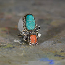 Load image into Gallery viewer, Vintage silver turquoise and coral ring. Size 6.5
