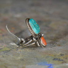 Load image into Gallery viewer, Vintage silver turquoise and coral ring. Size 6.5
