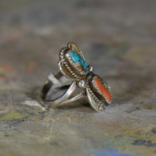 Load image into Gallery viewer, Vintage silver coral and turquoise ring. Size 7.5
