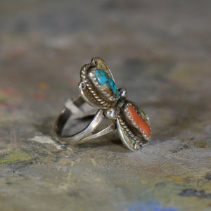 Vintage silver coral and turquoise ring. Size 7.5
