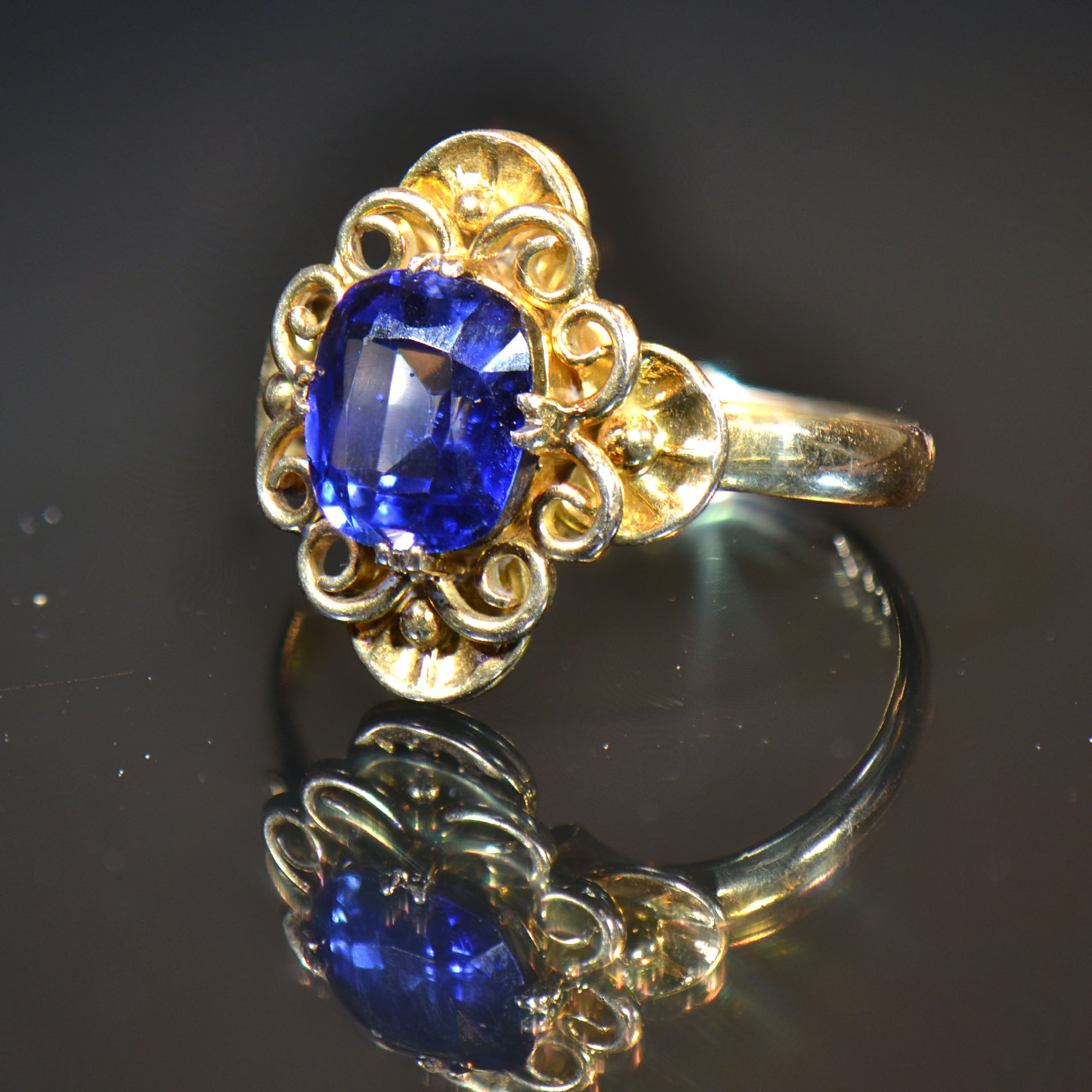 Vintage Estate Ring, 14 carat yellow gold and blue stone ring.  Size 5.25